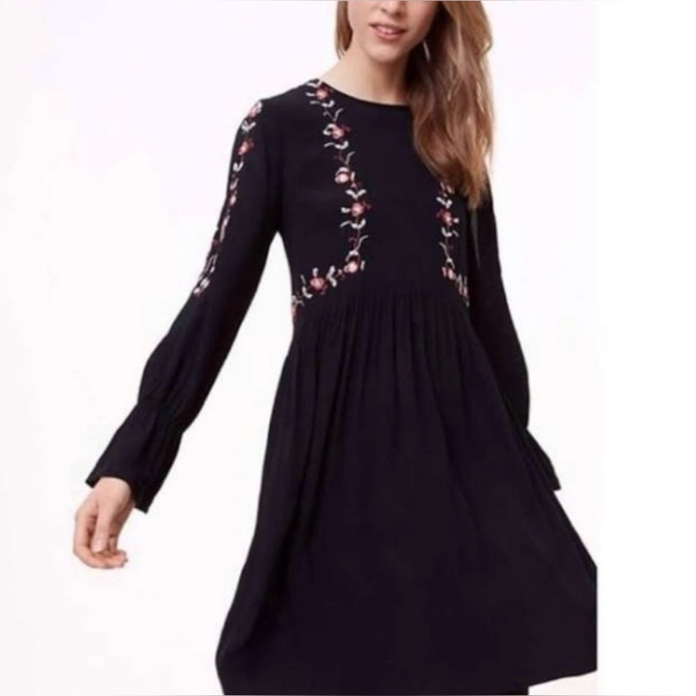 LOFT Long Sleeve Embroidered Flowing Midi Dress